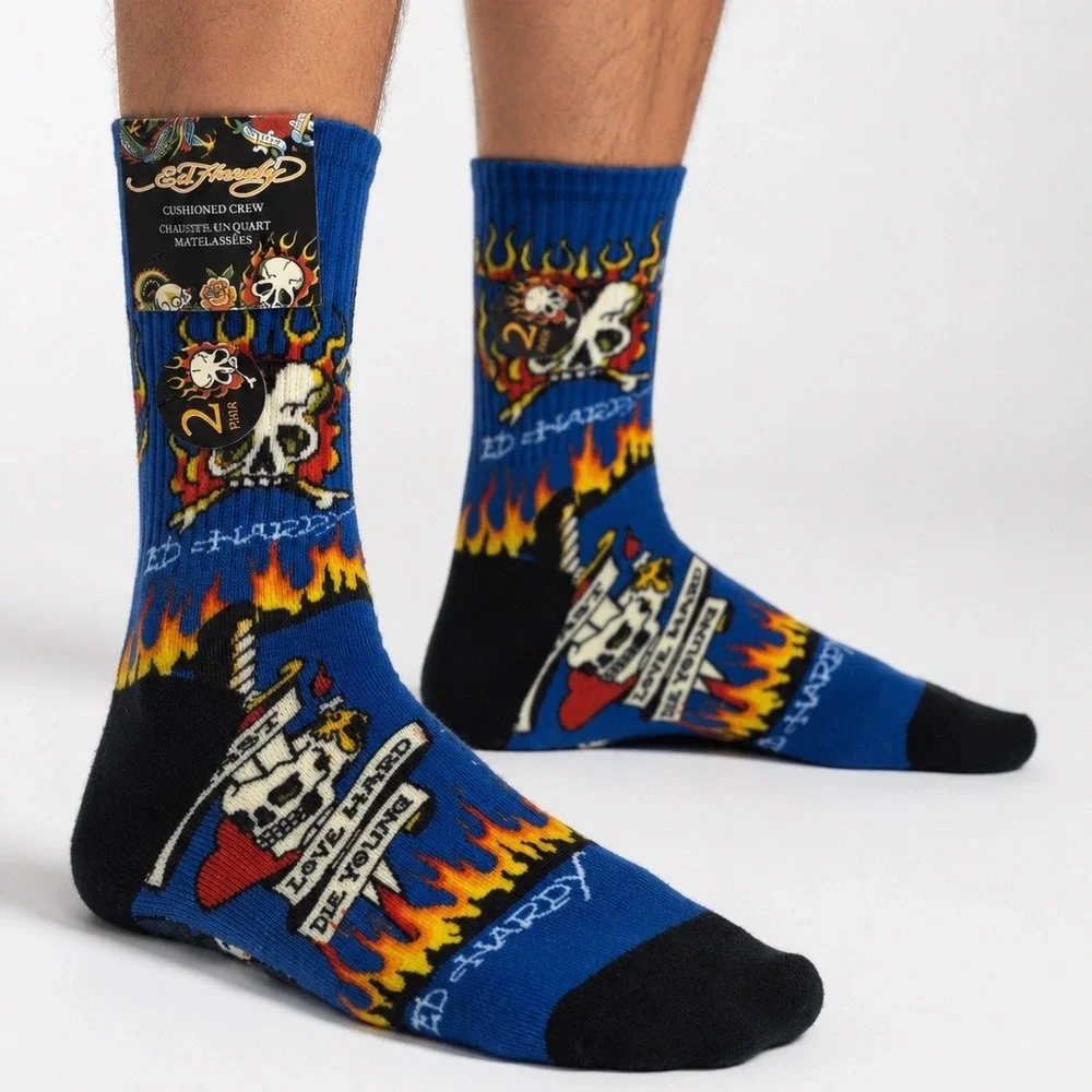 Ed Hardy 2 Pk Cushioned Crew Socks Blue Black Skull Love Kills Slowly NEW 111-08